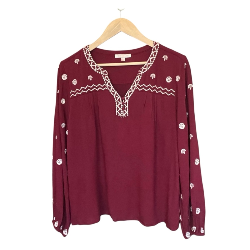 Skies Are Blue Deep Red Embroidered Boho Top - Size L
